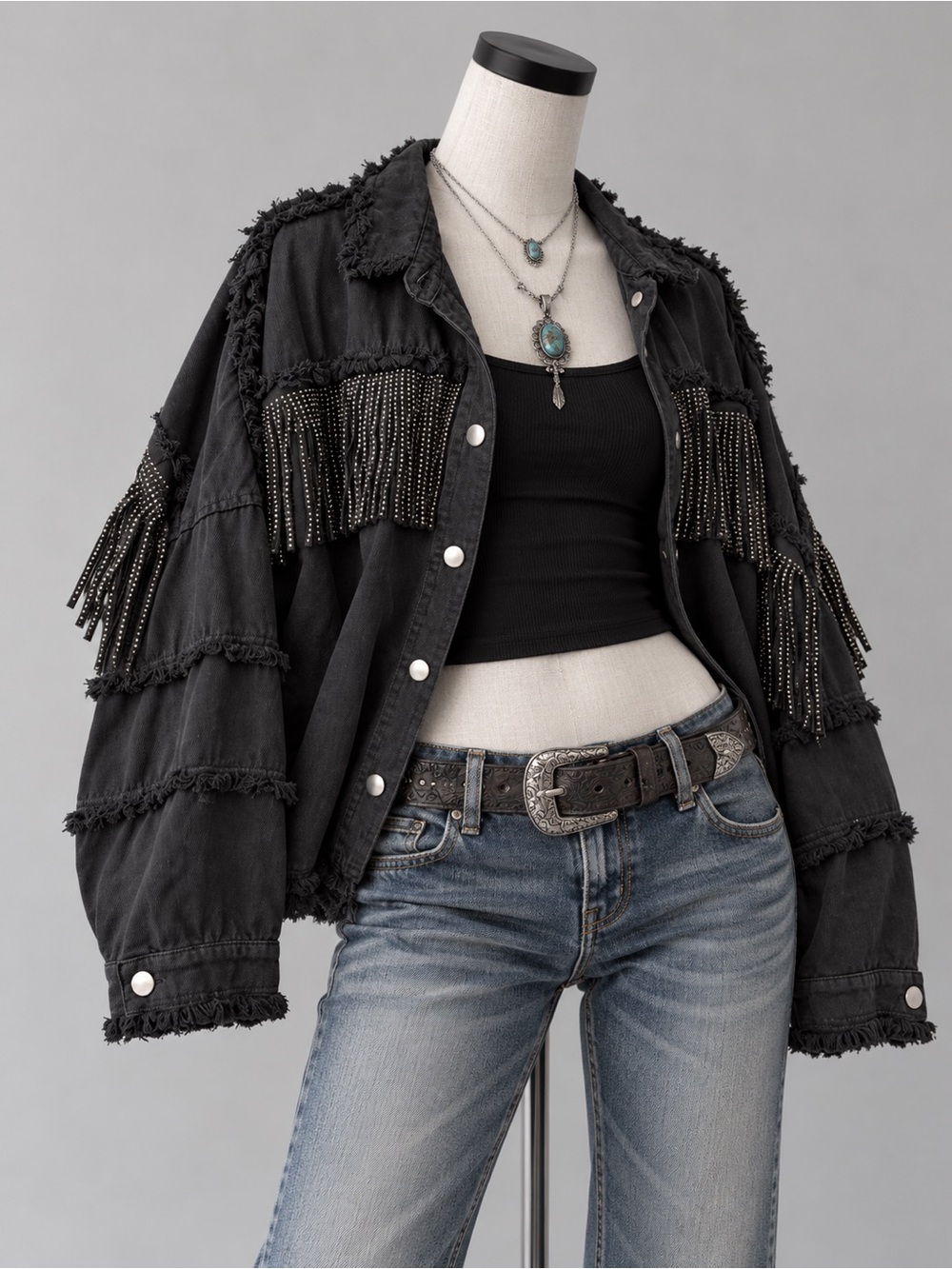 Elan Black Rhinestone Fringe Western Distressed Denim Jacket S